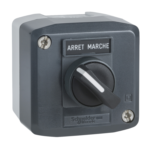 Harmony XALD, XALK, Control station, plastic, dark grey, 1 selector switch, Ø22, 1 NO, legend holder marked ARRET / MARCHE, - Schneider Electric - XALD132