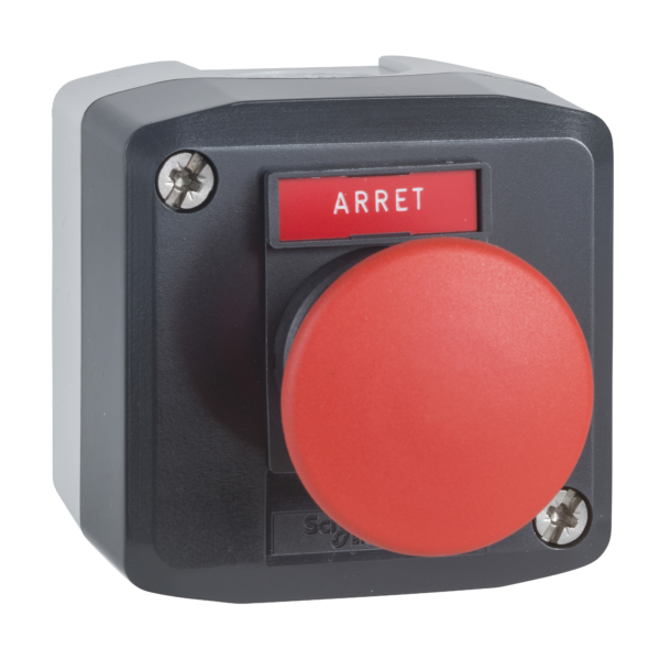 dark grey station - 1 red mushroom head pushbutton Ø40 spring return 1NC "Arret" - Schneider Electric - XALD164