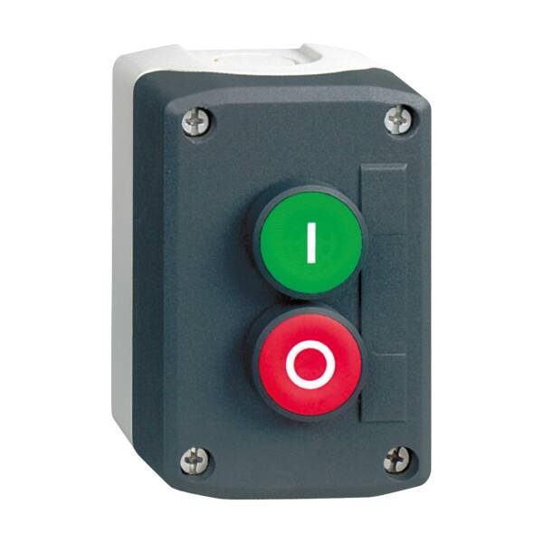 Control station, plastic, dark grey lid, 2 flush push buttons Ø22, marked I O, 1 NO + 1 NC - Schneider Electric - XALD213