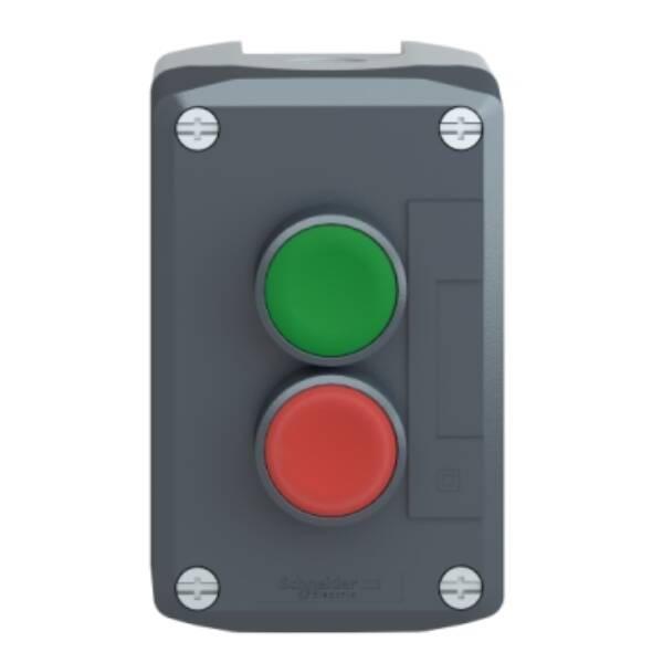 dark grey station - green flush/red projecting pushbuttons Ø22 spring return - Schneider Electric - XALD214