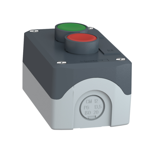 dark grey station - green flush/red projecting pushbuttons Ø22 spring return - Schneider Electric - XALD214