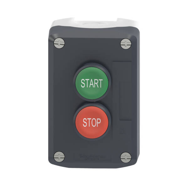 Control station, plastic, dark grey lid, 2 flush push buttons Ø22, marked START STOP, 1 NO + 1 NC - Schneider Electric - XALD215