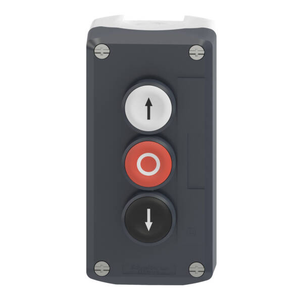 Control station, plastic, dark grey lid, 3 flush push buttons Ø22, marked UP ARROW O DOWN ARROW - Schneider Electric - XALD324