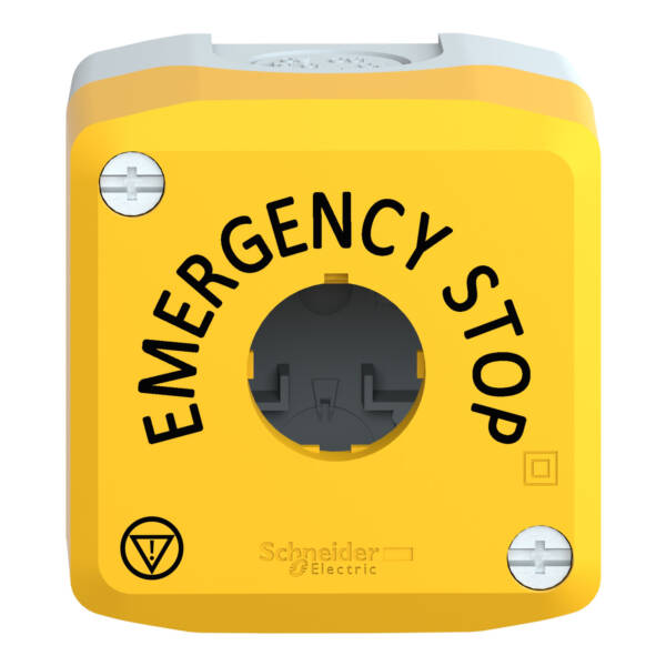 Harmony XALD, XALK, Empty control station, plastic, yellow, 1 cut-out, marked EMERGENCY STOP and logo ISO13850 - Schneider Electric - XALK01H29