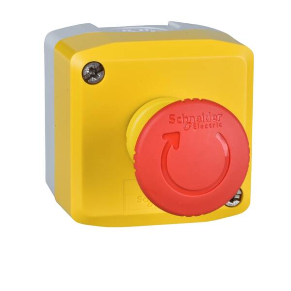 Harmony XALD, XALK, Control station, plastic, yellow lid, 1 red mushroom push button Ø40, turn to release, 1 NC - Schneider Electric - XALK178