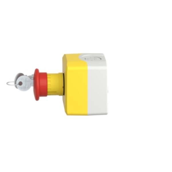 Control station, plastic, yellow lid, 1 red mushroom push button Ø40, key release, 2 NC - Schneider Electric - XALK188F
