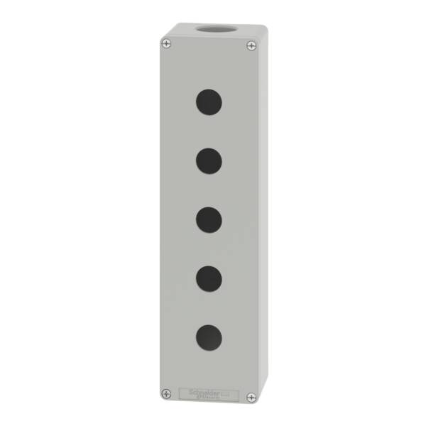 Empty enclosure, aluminum, grey RAL 7032, 5 cut-outs, Ø22 mm, 85x310x77 mm - Schneider Electric - XAPG59505