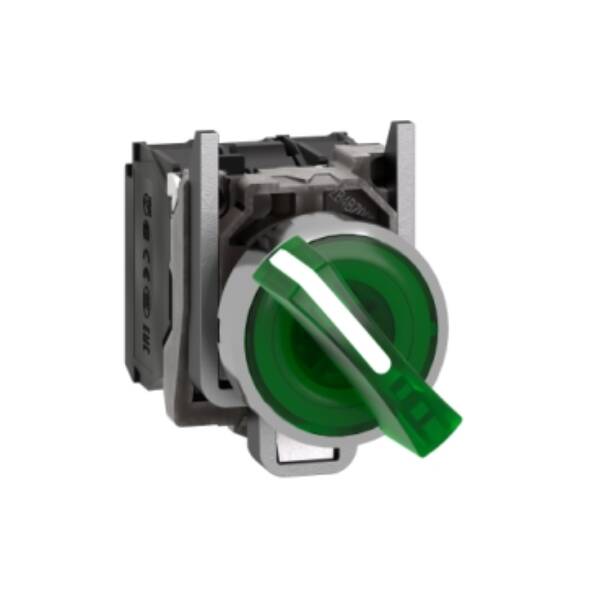 Illuminated selector switch, Harmony XB4, metal, green handle, 22mm, universal LED, 2 positions, 1NO + 1NC, 230...240V AC - Schneider Electric - XB4BK123M5
