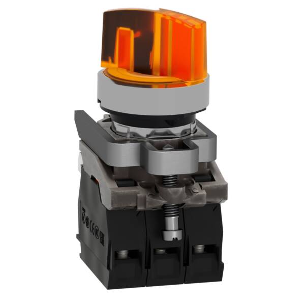 Illuminated selector switch, Harmony XB4, metal, orange handle, 22mm, universal LED, 2 positions, 1NO + 1NC, 24V AC DC - Schneider Electric - XB4BK125B5