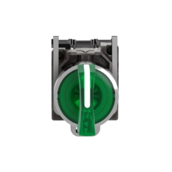 Illuminated selector switch, Harmony XB4, metal, green handle, 22mm, universal LED, 3 positions, 1NO + 1NC, 24V AC DC - Schneider Electric - XB4BK133B5