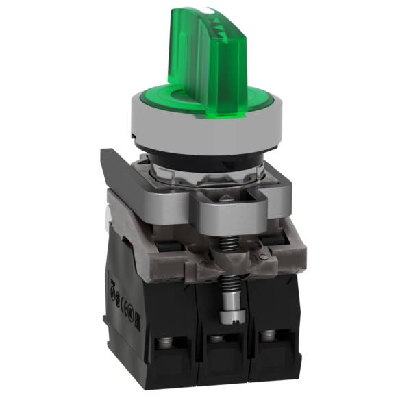 Illuminated selector switch, Harmony XB4, metal, green handle, 22mm, universal LED, 3 positions, 1NO + 1NC, 110...120V AC - Schneider Electric - XB4BK133G5