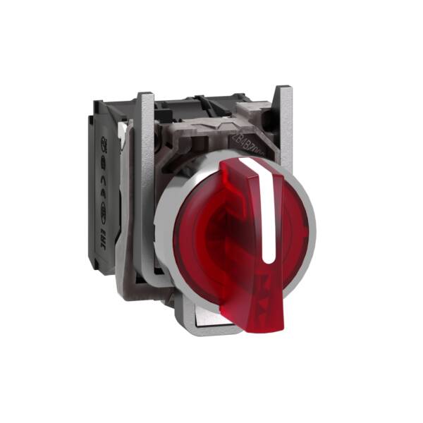 Illuminated selector switch, Harmony XB4, metal, red handle, 22mm, universal LED, 3 positions, 1NO + 1NC, 24V AC DC - Schneider Electric - XB4BK134B5