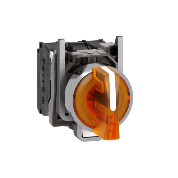 Illuminated selector switch, Harmony XB4, metal, orange handle, 22mm, universal LED, 3 positions, 1NO + 1NC, 24V AC DC - Schneider Electric - XB4BK135B5