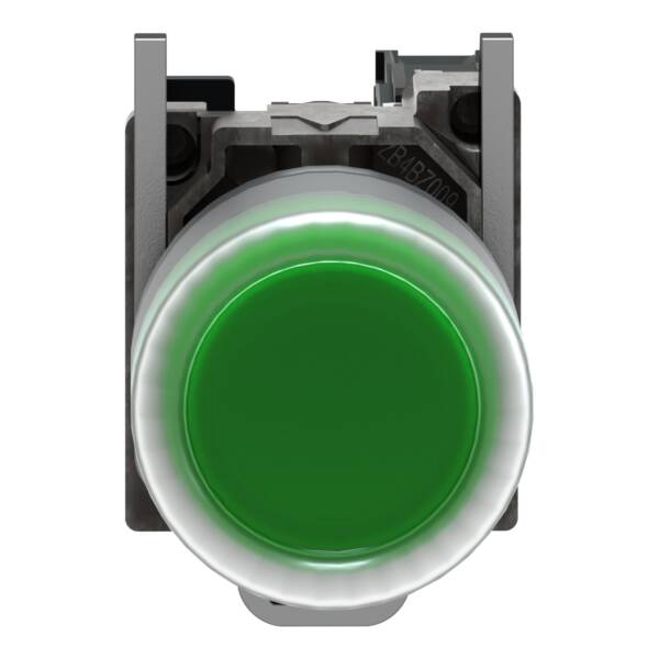 Harmony XB4 - ATEX D, Illuminated push button, metal, flush, green, Ø22, spring return, booted, 1 NO, 24 V AC/DC, ATEX - Schneider Electric - XB4BP383B5EX
