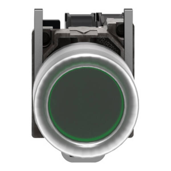 Complete illuminated push button, Harmony XB4, metal, flush, green, Ø22 mm, spring return, booted, 24...120 V AC/DC, 1 NO, ATEX - Schneider Electric - XB4BP383BG5EX