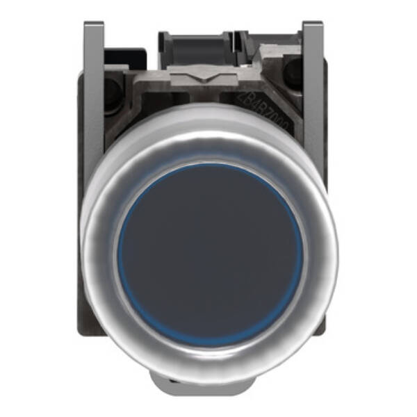 Complete illuminated push button, Harmony XB4, metal, flush, blue, Ø22 mm, spring return, booted, 24 V AC/DC, 1 NO, ATEX - Schneider Electric - XB4BP683B5EX