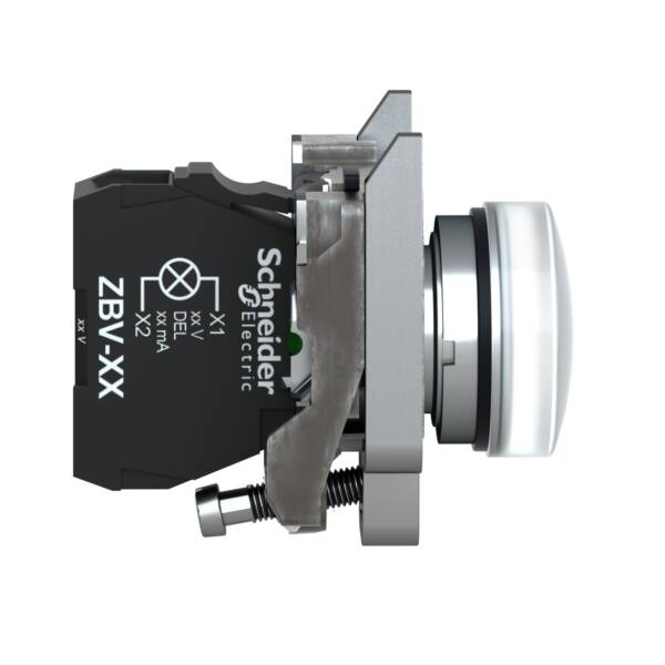Pilot light, Harmony XB4,metal, white, 22mm, universal LED, plain lens, 110…120V AC - Schneider Electric - XB4BVG1