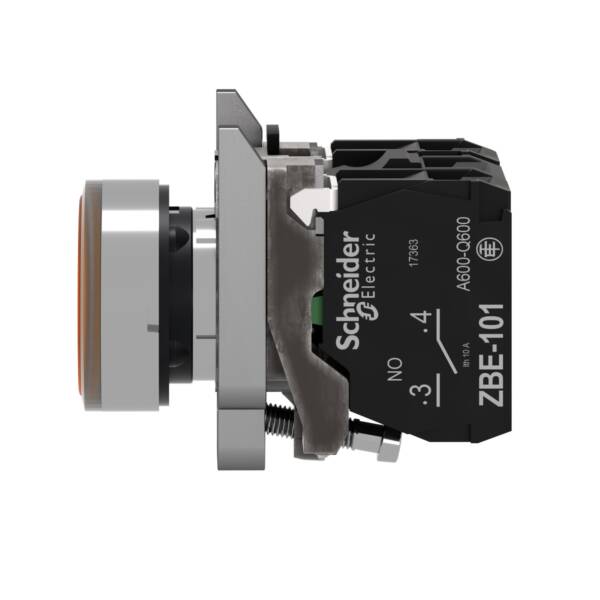 Illuminated push button, Harmony XB4, metal, orange flush, 22mm, universal LED, plain lens, 1NO + 1NC, 110...120V AC - Schneider Electric - XB4BW35G5