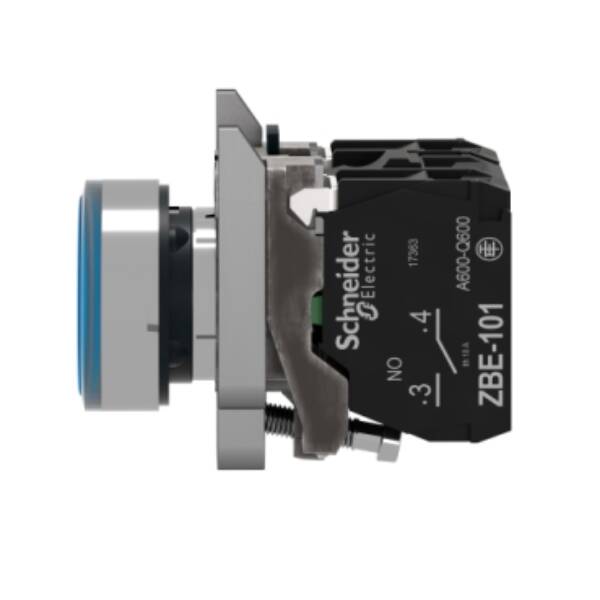 Illuminated push button, Harmony XB4, metal, blue flush, 22mm, universal LED, plain lens, 1NO + 1NC, 24V AC DC - Schneider Electric - XB4BW36B5