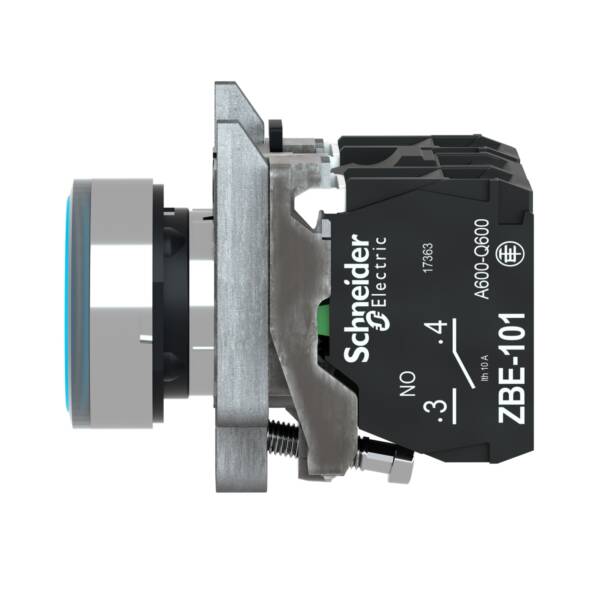 Illuminated push button, Harmony XB4, metal, blue flush, 22mm, universal LED, plain lens, 1NO + 1NC, 230...240V AC - Schneider Electric - XB4BW36M5