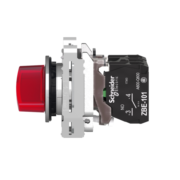 Illuminated selector switch, Harmony XB4, metal, red handle, 30mm, universal LED, 2 positions, 1NO + 1NC, 24V AC DC - Schneider Electric - XB4FK124B5