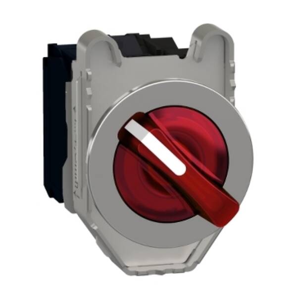 Illuminated selector switch, Harmony XB4, metal, red handle, 30mm, universal LED, 2 positions, 1NO + 1NC, 230...240V AC - Schneider Electric - XB4FK124M5