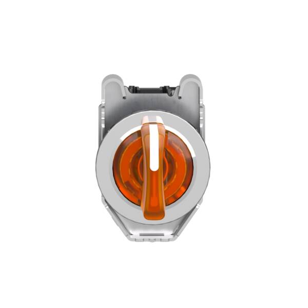 Illuminated selector switch, Harmony XB4, metal, orange handle, 30mm, universal LED, 3 positions, 1NO + 1NC, 110...120V AC - Schneider Electric - XB4FK135G5