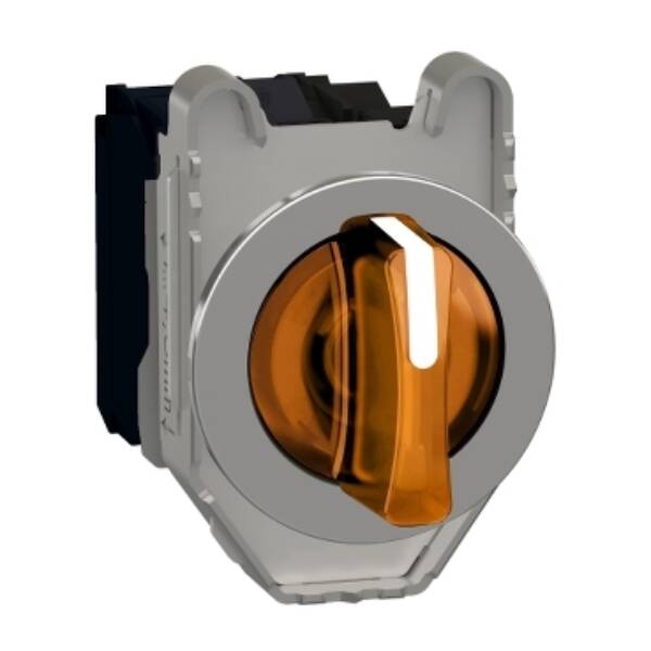 Illuminated selector switch, Harmony XB4, metal, orange handle, 30mm, universal LED, 3 positions, 1NO + 1NC, 230...240V AC - Schneider Electric - XB4FK135M5