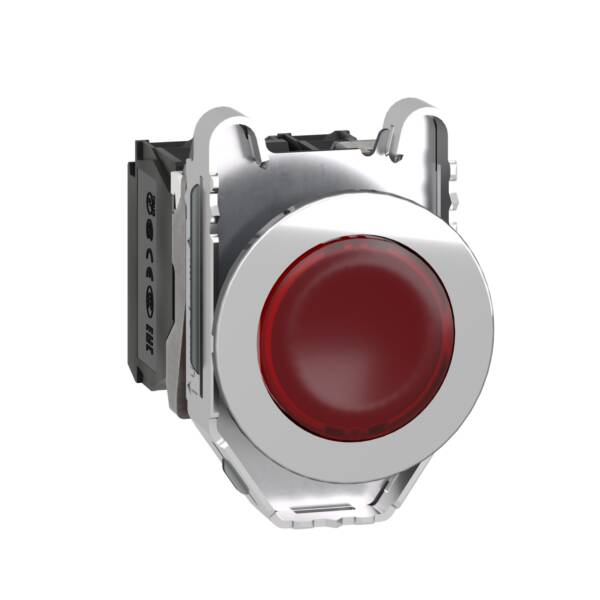 Illuminated push button, Harmony XB4, metal, red flush mounted, 30mm, universal LED, plain lens, 1NO + 1NC, 230V AC - Schneider Electric - XB4FW34M5