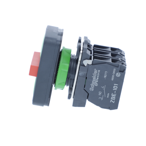 Triple-headed push button, plastic, Ø22, marked, 1 green flush I + 1 red projecting STOP + 1 green flush II, 2 NO + 1 NC - Schneider Electric - XB5AA731327