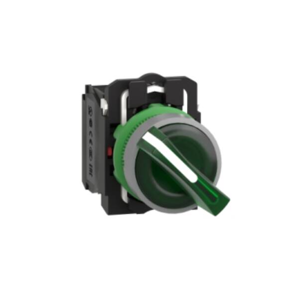 Illuminated selector switch, Harmony XB5, universal LED, grey bezel, green handle, 22mm, 2 positions, stay put, 1NO + 1NC, 230V AC - Schneider Electric - XB5AK123M5C0
