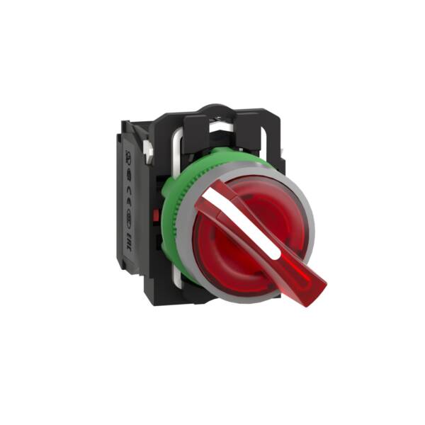 Illuminated selector switch, Harmony XB5, universal LED, grey bezel, red handle, 22mm, 2 positions, stay put, 1NO + 1NC, 120V AC DC - Schneider Electric - XB5AK124G5C0