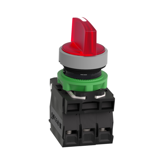 Illuminated selector switch, Harmony XB5, grey bezel, red handle, 22mm, universal LED, 3 positions, 1NO + 1NC, 120V AC - Schneider Electric - XB5AK134G5C0