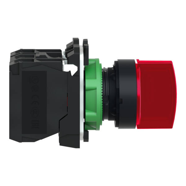 Illuminated selector switch, Harmony XB5, grey plastic, red handle, 22mm, universal LED, 3 positions, 1NO + 1NC, 230...240V AC - Schneider Electric - XB5AK134M5
