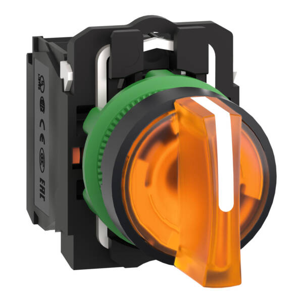 Illuminated selector switch, Harmony XB5, grey plastic, orange handle, 22mm, universal LED, 3 positions, 1NO + 1NC, 24V AC DC - Schneider Electric - XB5AK135B5