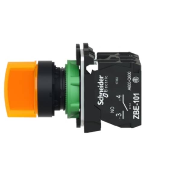 Illuminated selector switch, Harmony XB5, grey plastic, orange handle, 22mm, universal LED, 3 positions, 1NO + 1NC, 230...240V AC - Schneider Electric - XB5AK135M5