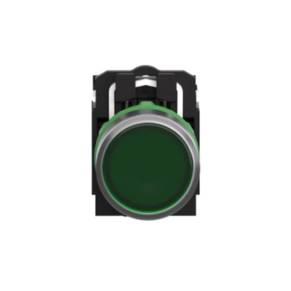 Illuminated push button, Harmony XB5, plastic, flush, green, 22mm, universal LED, plain lens, 1NO + 1NC, 110...120V AC - Schneider Electric - XB5AW33G5