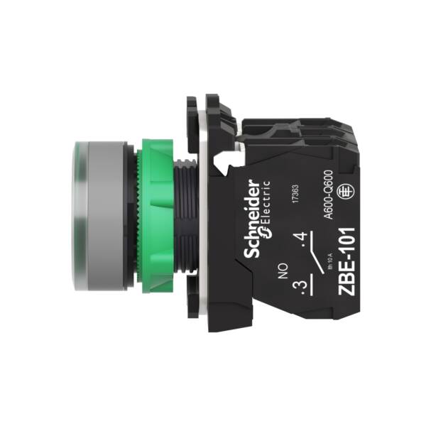 Illuminated push button, Harmony XB5, grey bezel, green flush, 22mm, universal LED, spring return, 1NO + 1NC, 220…240V AC - Schneider Electric - XB5AW33M5C0