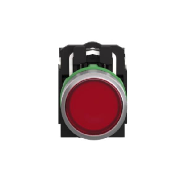 Illuminated push button, Harmony XB5, grey bezel, red flush, 22mm, universal LED, spring return, 1NO + 1NC, 220…240V AC - Schneider Electric - XB5AW34M5C0