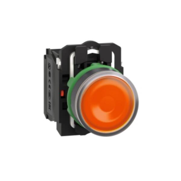Illuminated push button, Harmony XB5, plastic, orange flush, 22mm, universal LED, plain lens, 1NO + 1NC, 24V AC DC - Schneider Electric - XB5AW35B5