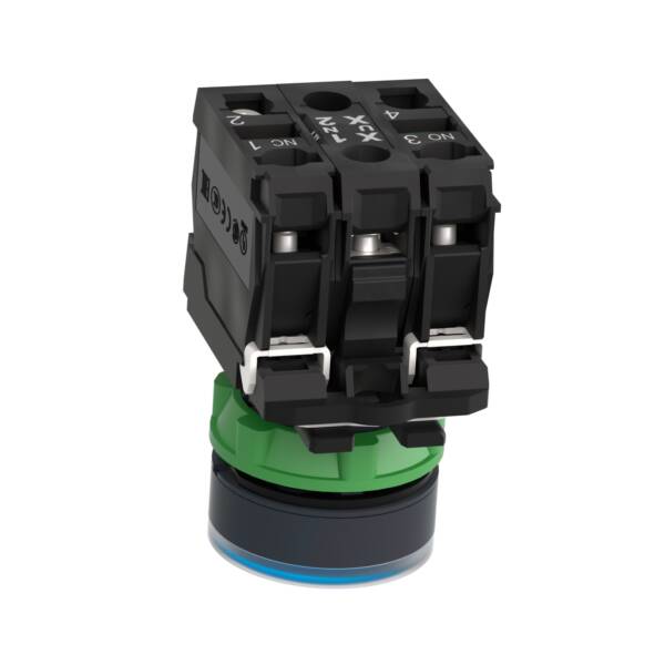 Illuminated push button, Harmony XB5, plastic, blue flush, 22mm, universal LED, plain lens, 1NO + 1NC, 110...120V AC - Schneider Electric - XB5AW36G5