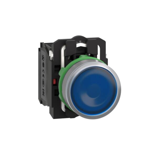 Illuminated push button, Harmony XB5, grey bezel, blue flush, 22mm, universal LED, spring return, 1NO + 1NC, 120V - Schneider Electric - XB5AW36G5C0