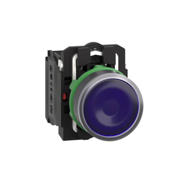 Illuminated push button, Harmony XB5, plastic, blue flush, 22mm, universal LED, plain lens, 1NO + 1NC, 230...240V AC - Schneider Electric - XB5AW36M5