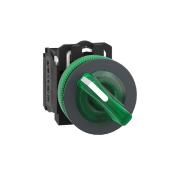 Illuminated selector switch, Harmony XB5, grey plastic, green handle, 30mm, universal LED, 2 positions, 1NO + 1NC, 24V AC DC - Schneider Electric - XB5FK123B5