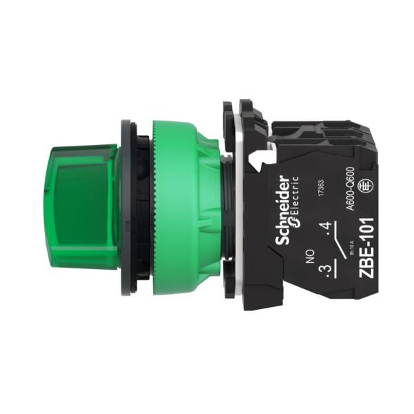 Illuminated selector switch, Harmony XB5, grey plastic, green handle, 30mm, universal LED, 2 positions, 1NO + 1NC, 230...240V AC - Schneider Electric - XB5FK123M5