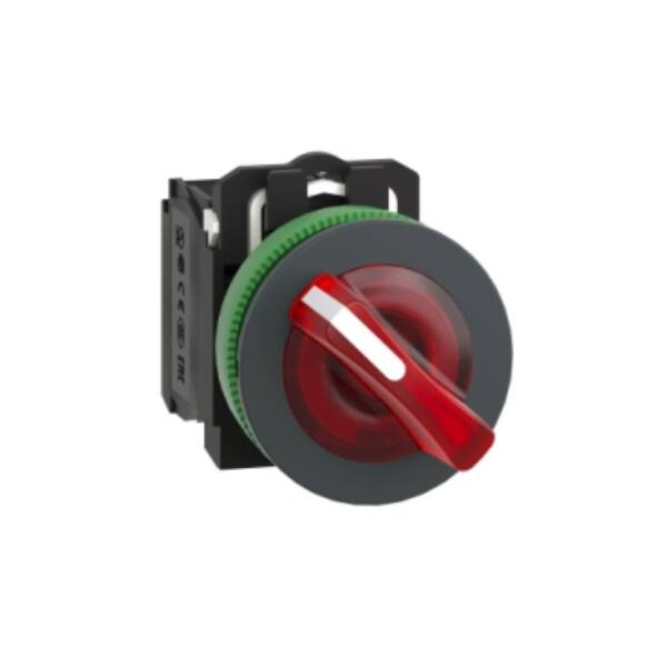 Illuminated selector switch, Harmony XB5, grey plastic, red handle, 30mm, universal LED, 2 positions, 1NO + 1NC, 24V AC DC - Schneider Electric - XB5FK124B5