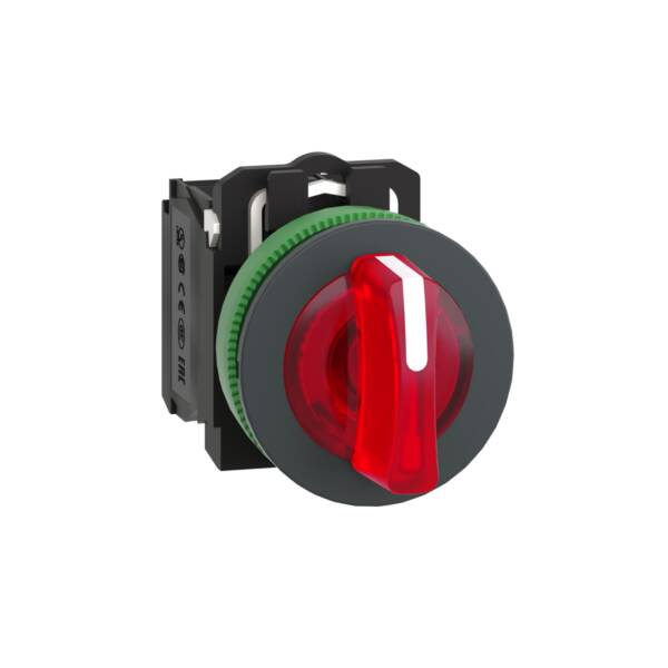 Illuminated selector switch, Harmony XB5, grey plastic, red handle, 30mm, universal LED, 3 positions, 1NO + 1NC, 24V AC DC - Schneider Electric - XB5FK134B5