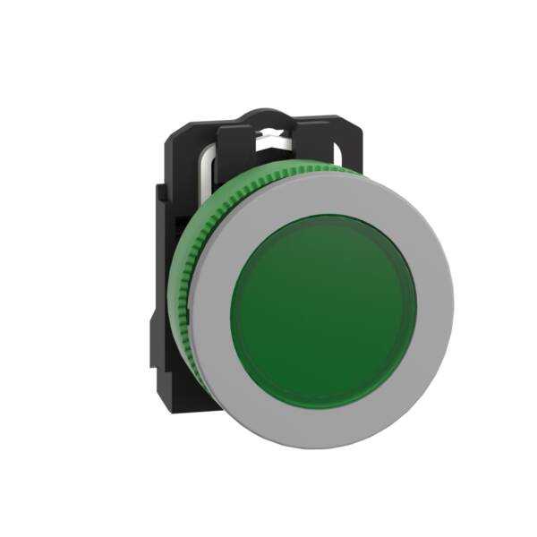 Pilot light, Harmony XB5, green flush mounted, grey bezel, 30mm, universal LED, plain lens, 110…120V - Schneider Electric - XB5FVG3C0