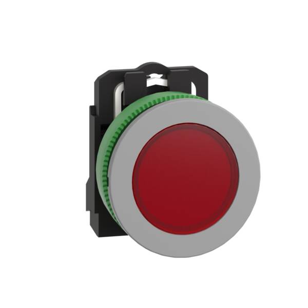 Pilot light, Harmony XB5, red flush mounted, grey bezel, 30mm, universal LED, plain lens, 230…240V - Schneider Electric - XB5FVM4C0
