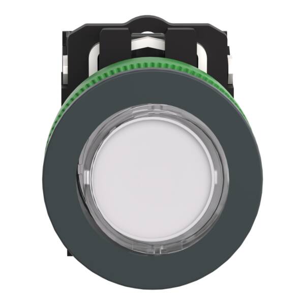 Illuminated push button, Harmony XB5, plastic, white, 30mm, universal LED, 1NO + 1NC, 110...120V AC - Schneider Electric - XB5FW31G5